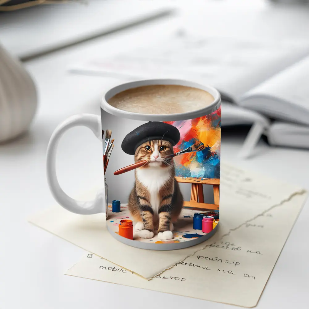 Artist Cat Beret Painting Studio Scene – Mugs