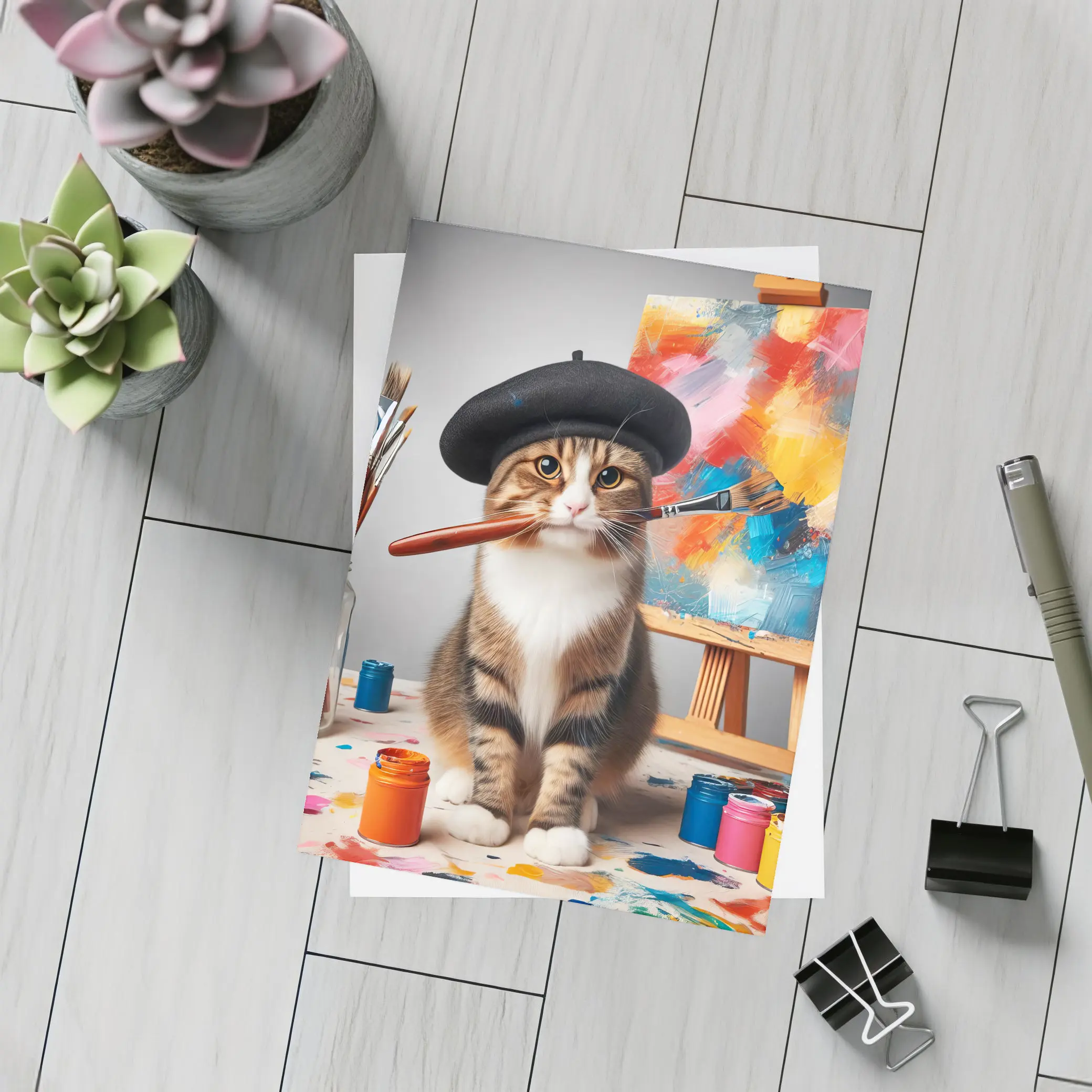 Artist Cat Beret Painting Studio Scene – Postcards