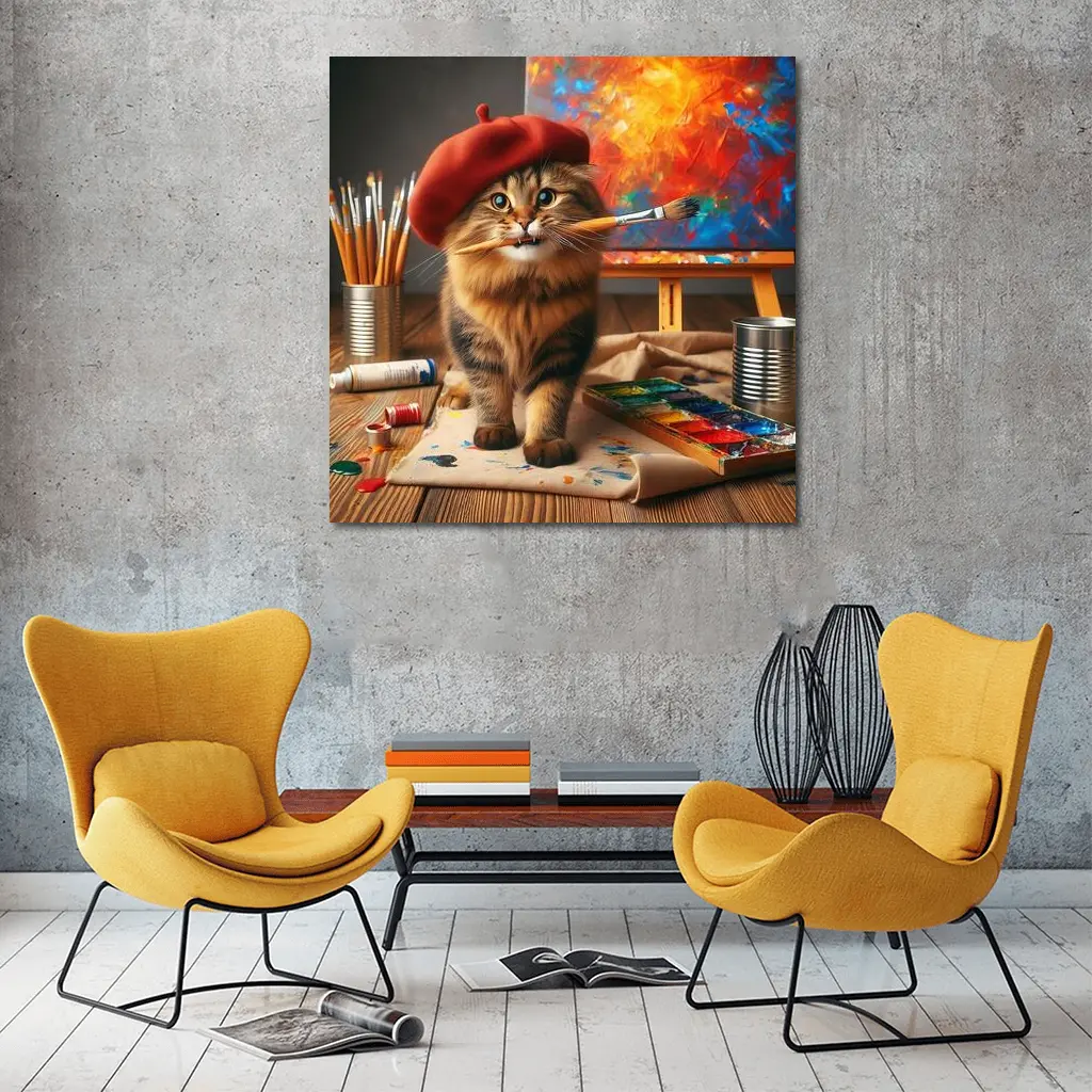 Tabby Cat Artist Red Beret Painting Studio – Wall Art