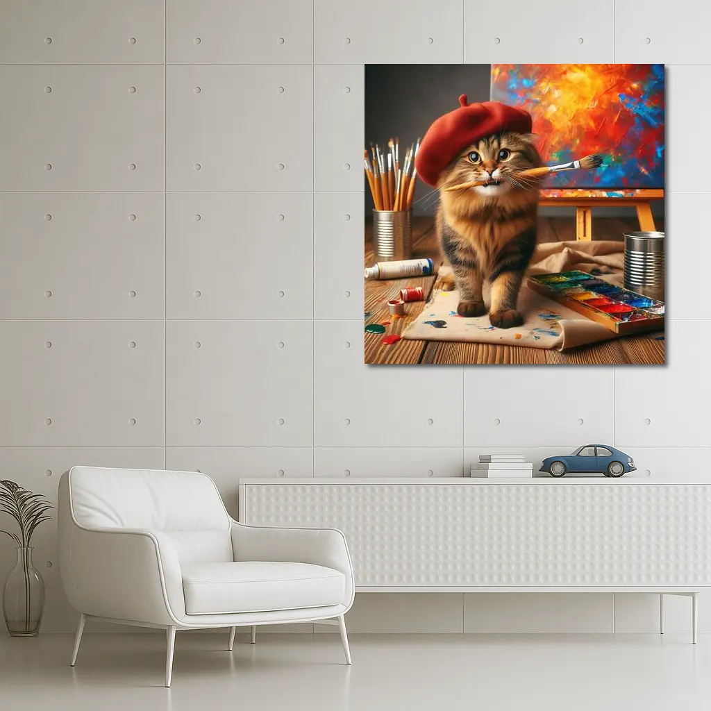 Tabby Cat Artist Red Beret Painting Studio – Wall Art
