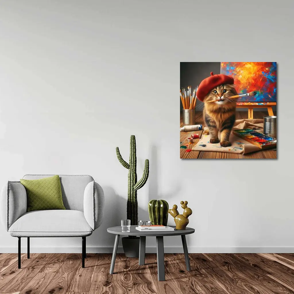 Tabby Cat Artist Red Beret Painting Studio – Wall Art