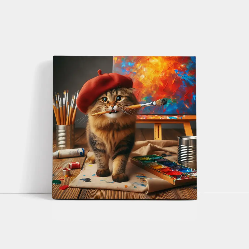 Tabby Cat Artist Red Beret Painting Studio – Wall Art