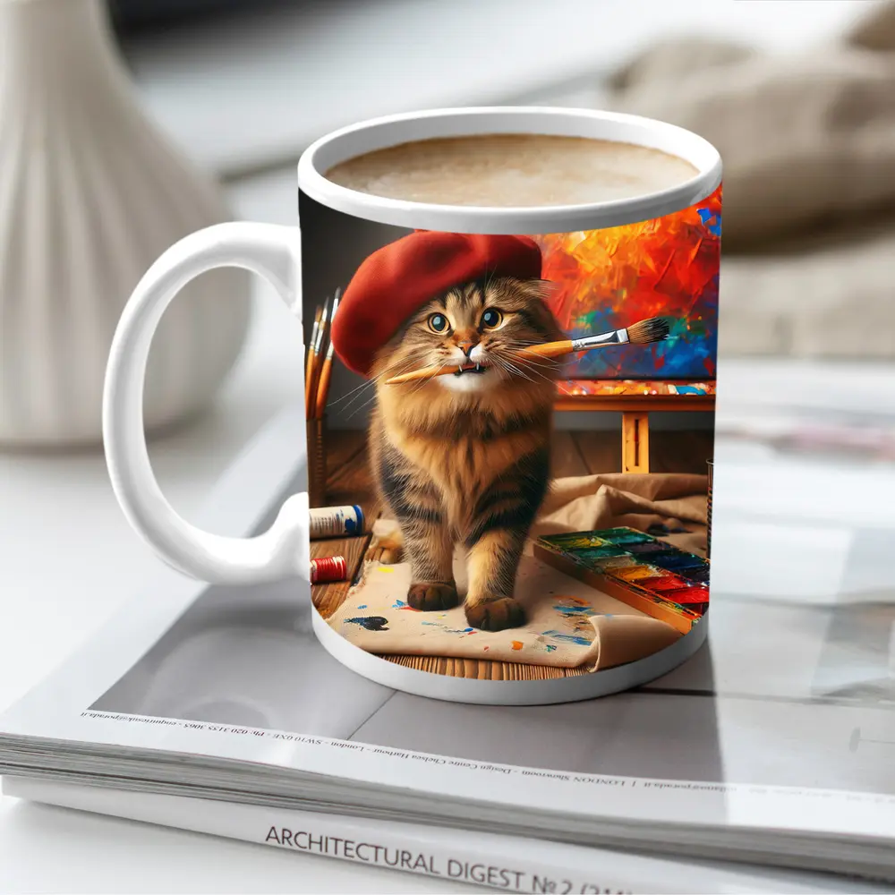 Tabby Cat Artist Red Beret Painting Studio – Mugs