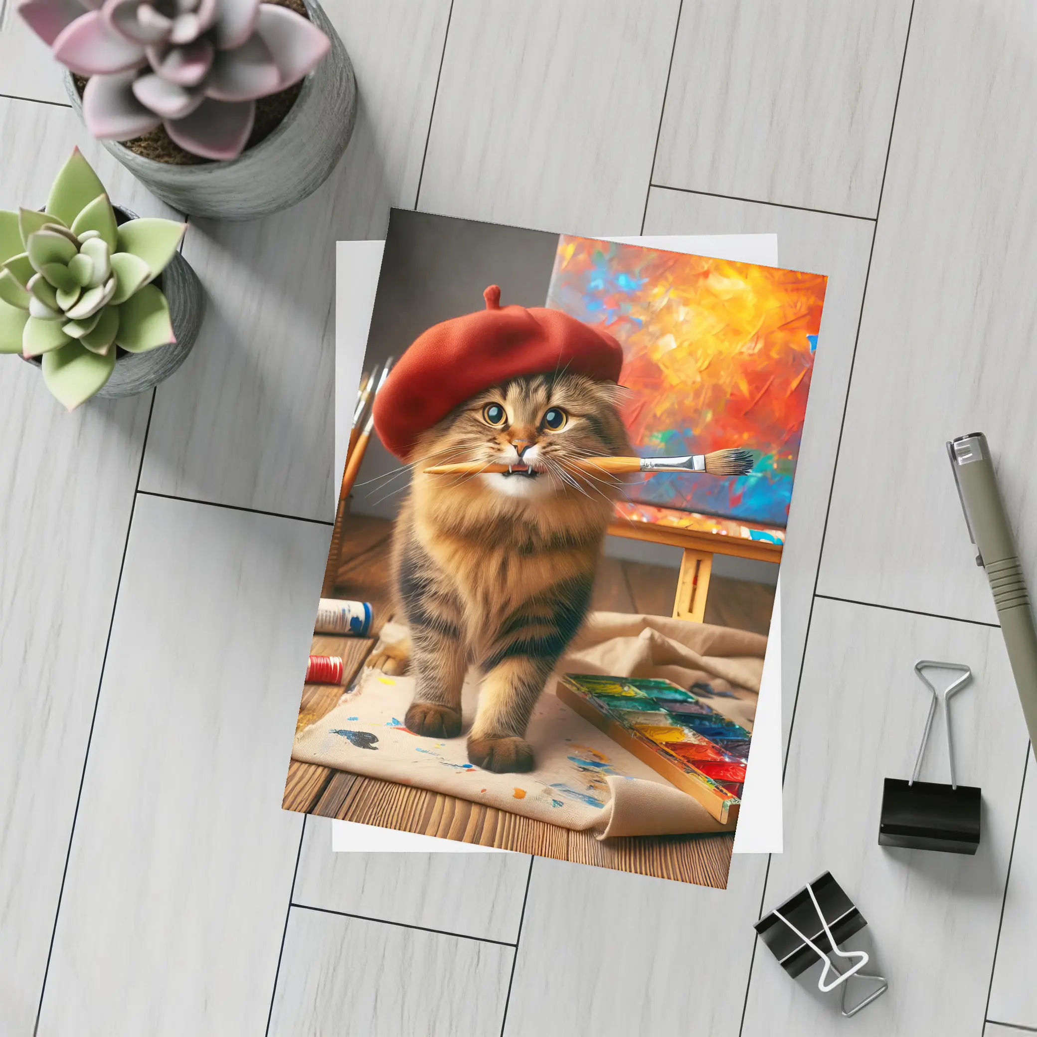 Tabby Cat Artist Red Beret Painting Studio – Postcards