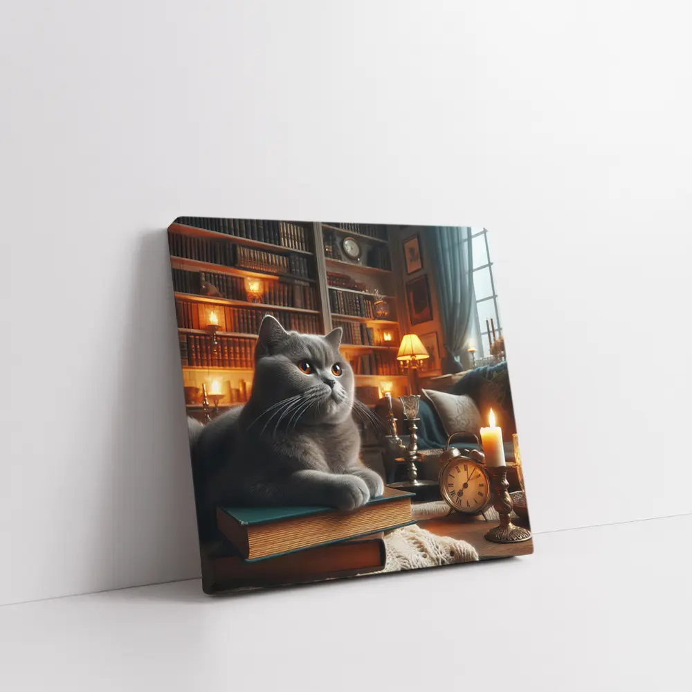 Gray British Shorthair Cat Library Candlelight – Wall Art