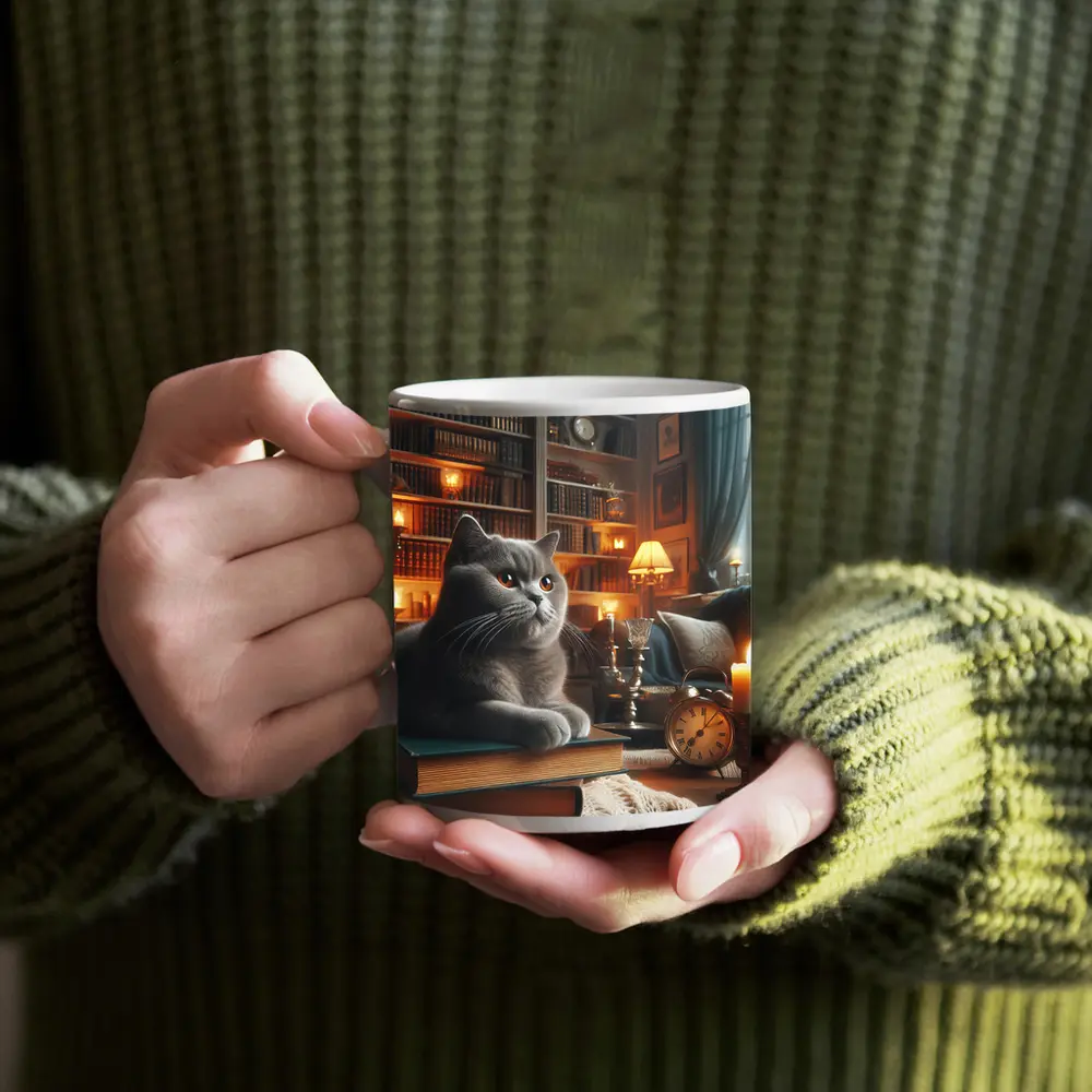 Gray British Shorthair Cat Library Candlelight – Mugs