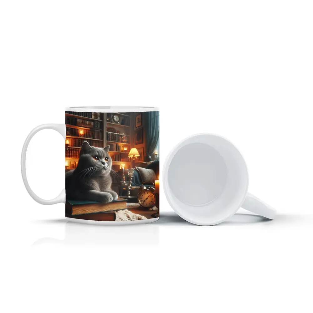Gray British Shorthair Cat Library Candlelight – Mugs