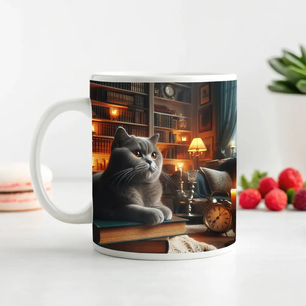 Gray British Shorthair Cat Library Candlelight – Mugs