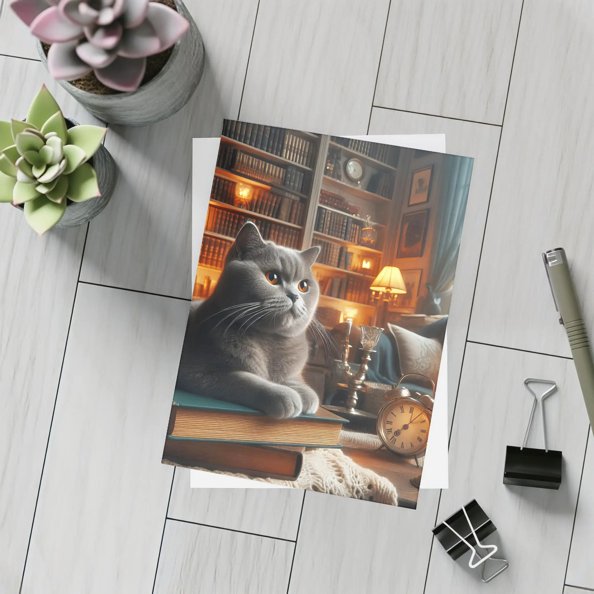 Gray British Shorthair Cat Library Candlelight – Postcards