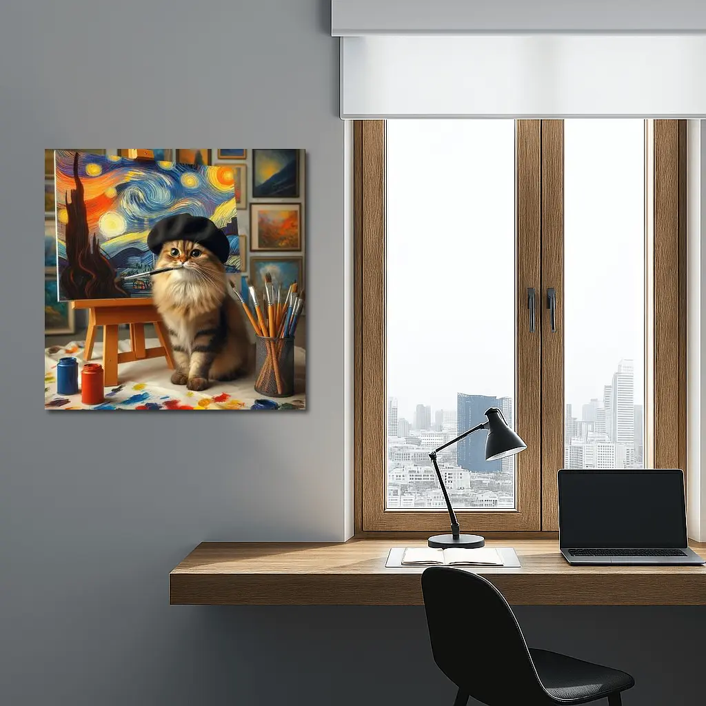 Cat Artist Painting Starry Night Studio – Wall Art