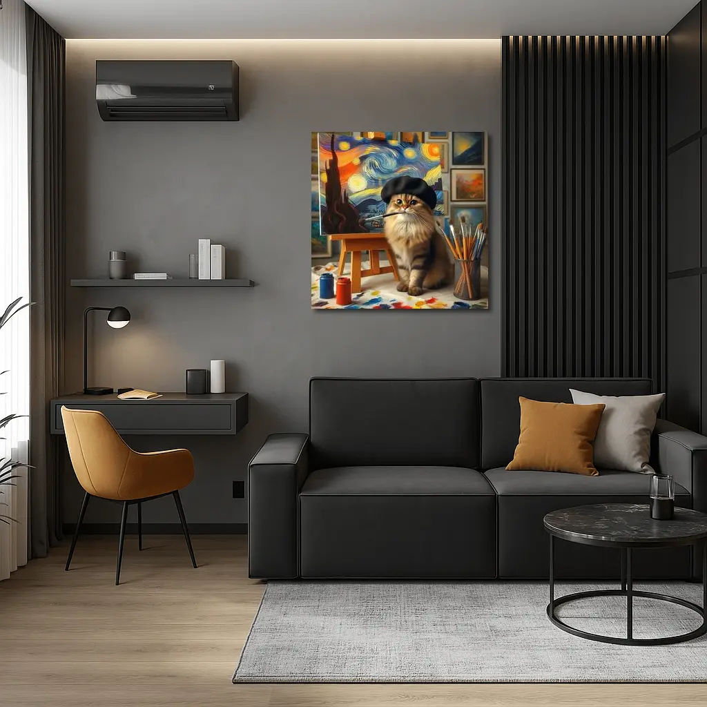 Cat Artist Painting Starry Night Studio – Wall Art
