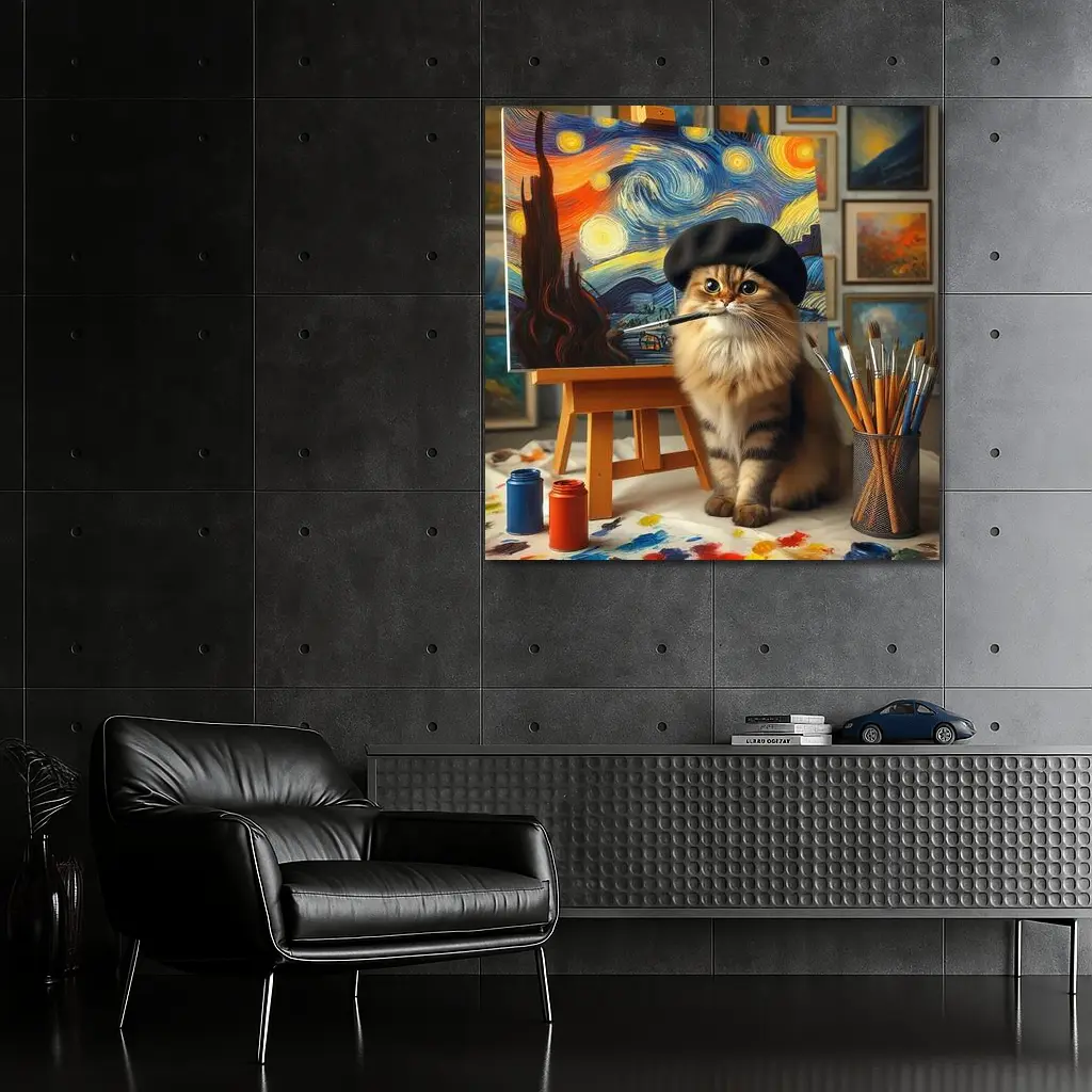 Cat Artist Painting Starry Night Studio – Wall Art