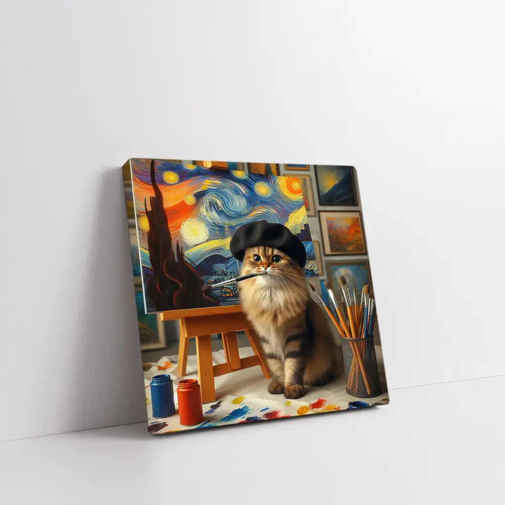 Cat Artist Painting Starry Night Studio – Wall Art