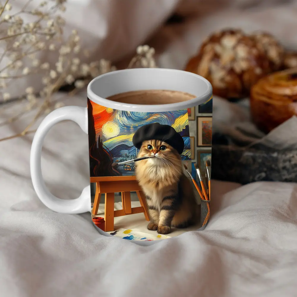 Cat Artist Painting Starry Night Studio – Mugs