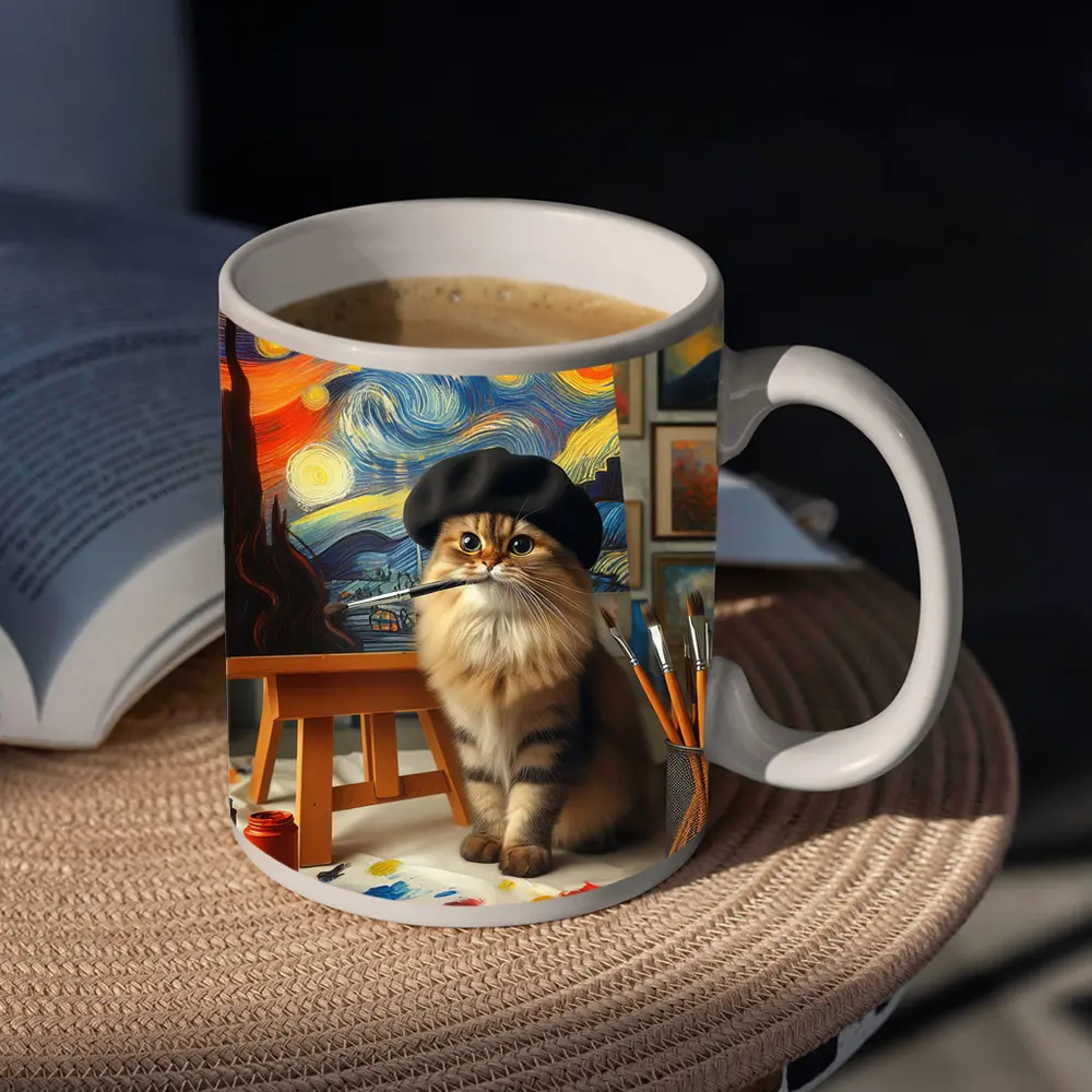 Cat Artist Painting Starry Night Studio – Mugs