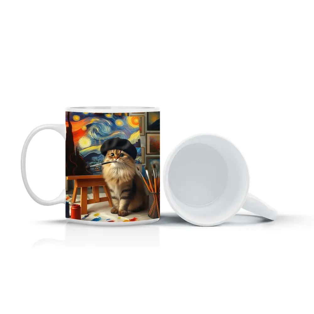 Cat Artist Painting Starry Night Studio – Mugs