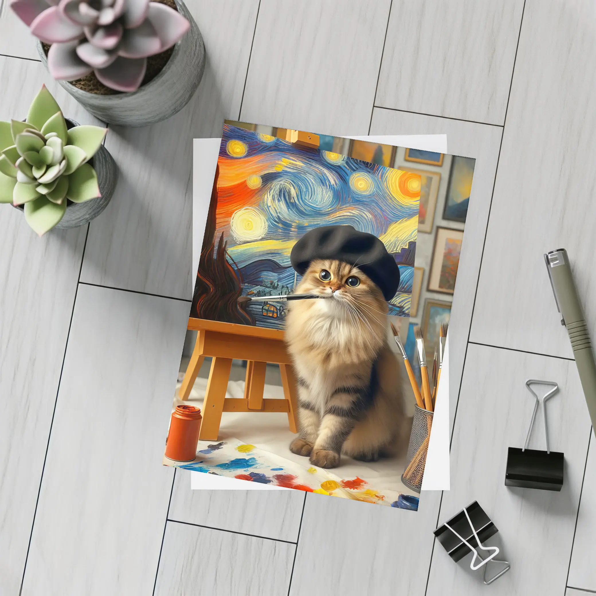 Cat Artist Painting Starry Night Studio – Postcards
