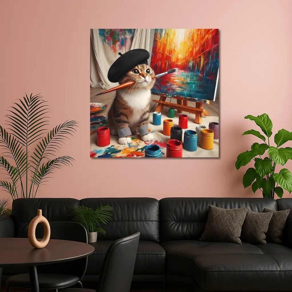 Artist Cat Wearing Beret Painting Studio – Wall Art