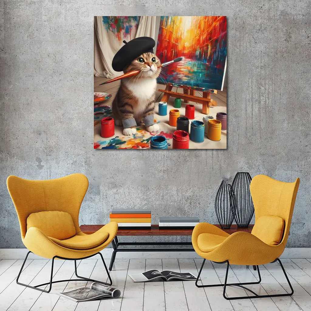 Artist Cat Wearing Beret Painting Studio – Wall Art