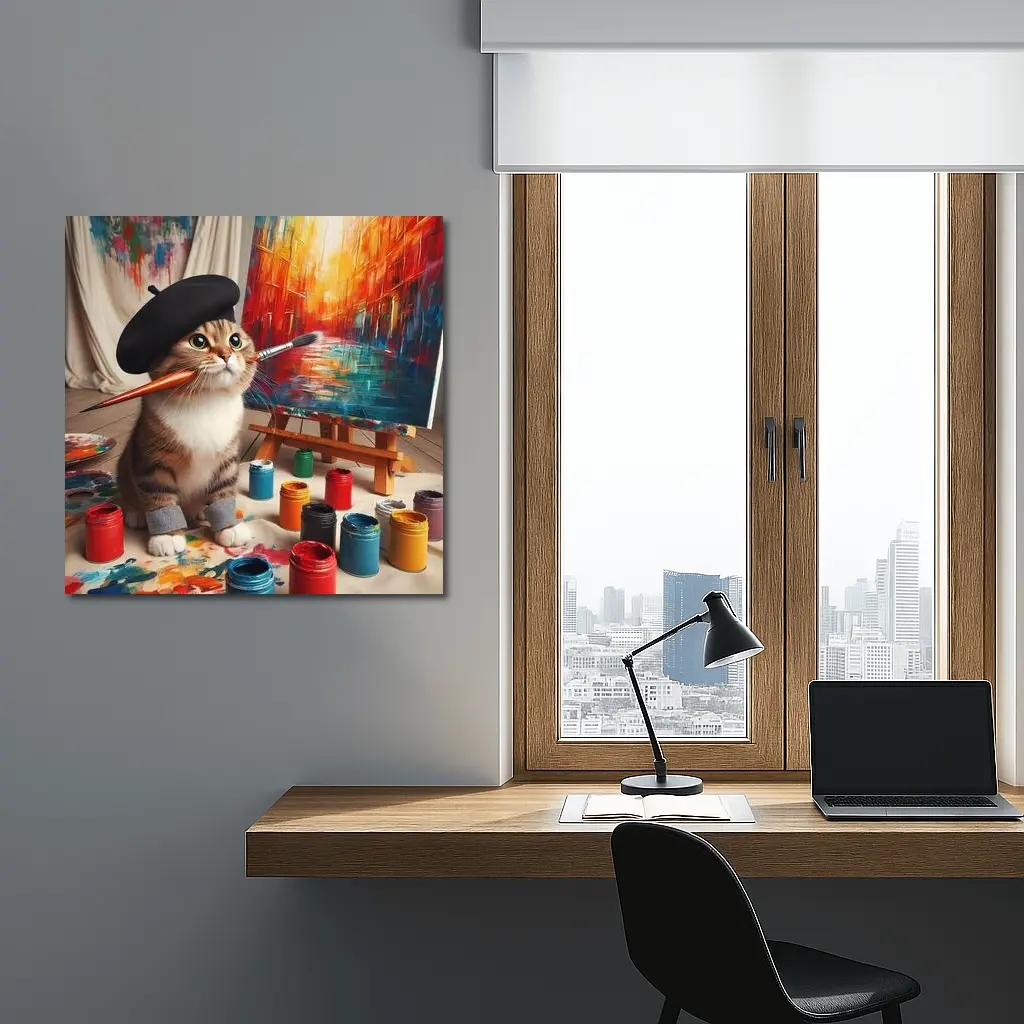 Artist Cat Wearing Beret Painting Studio – Wall Art