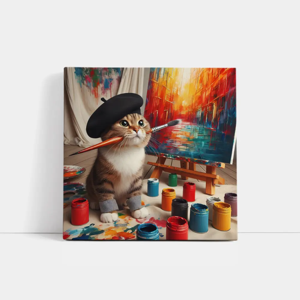 Artist Cat Wearing Beret Painting Studio – Wall Art