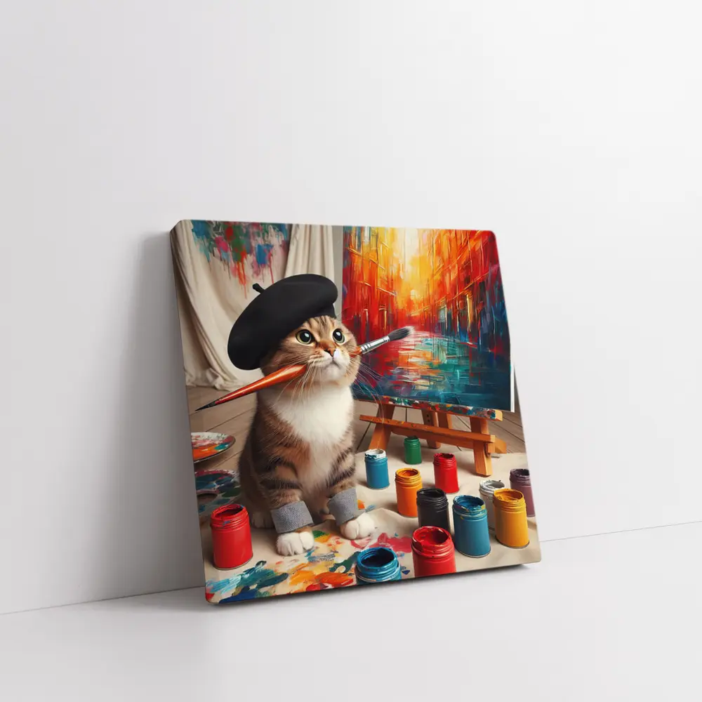 Artist Cat Wearing Beret Painting Studio – Wall Art