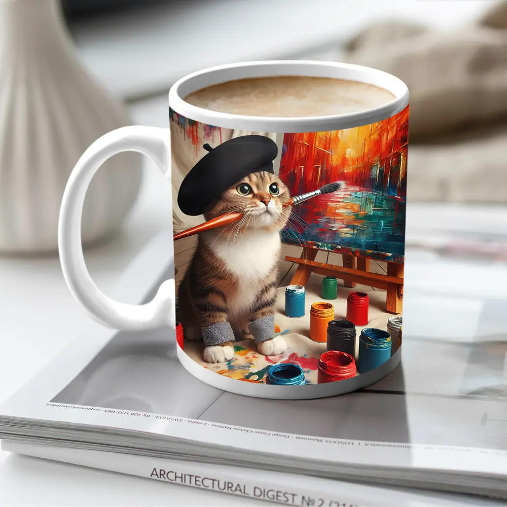 Artist Cat Wearing Beret Painting Studio – Mugs