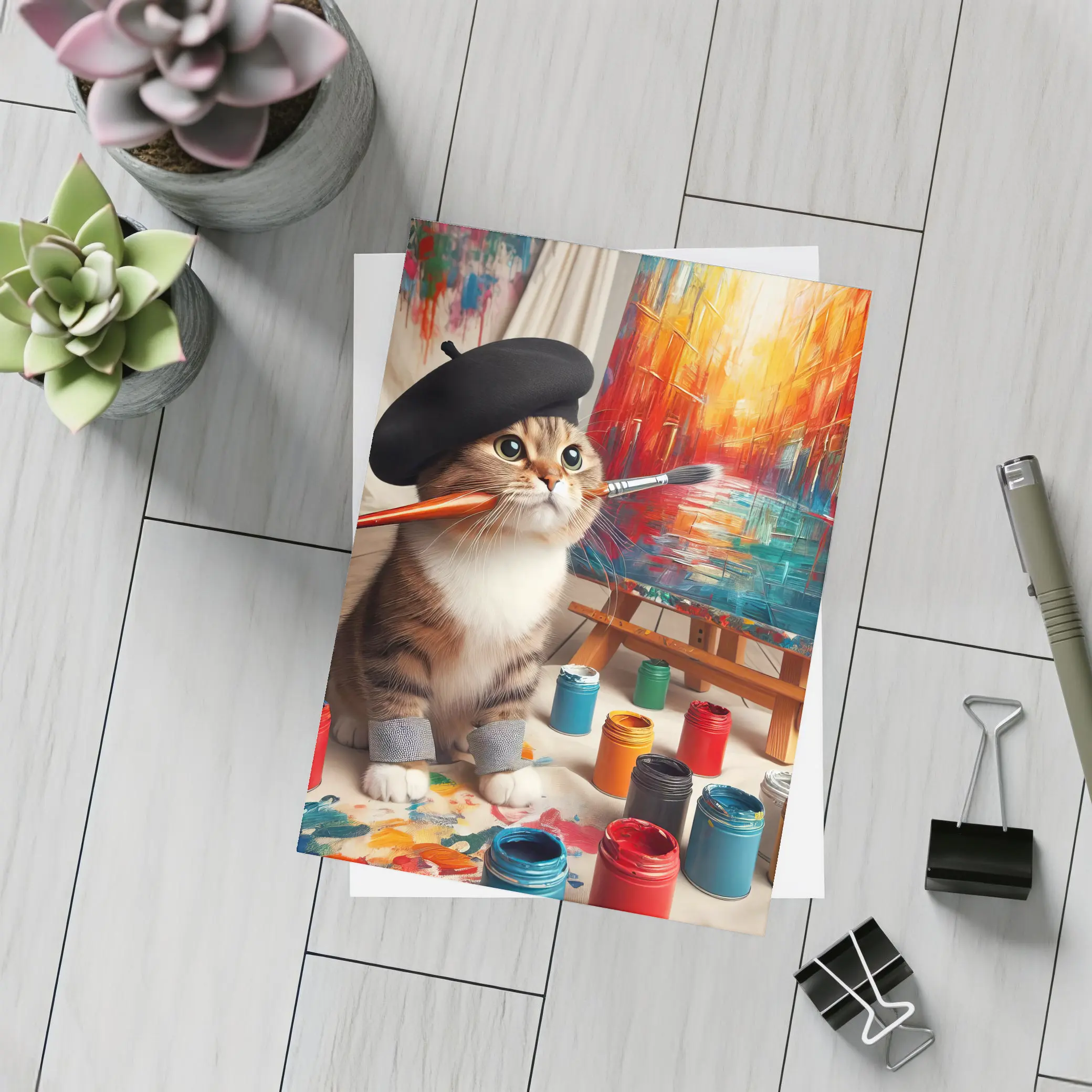 Artist Cat Wearing Beret Painting Studio – Postcards
