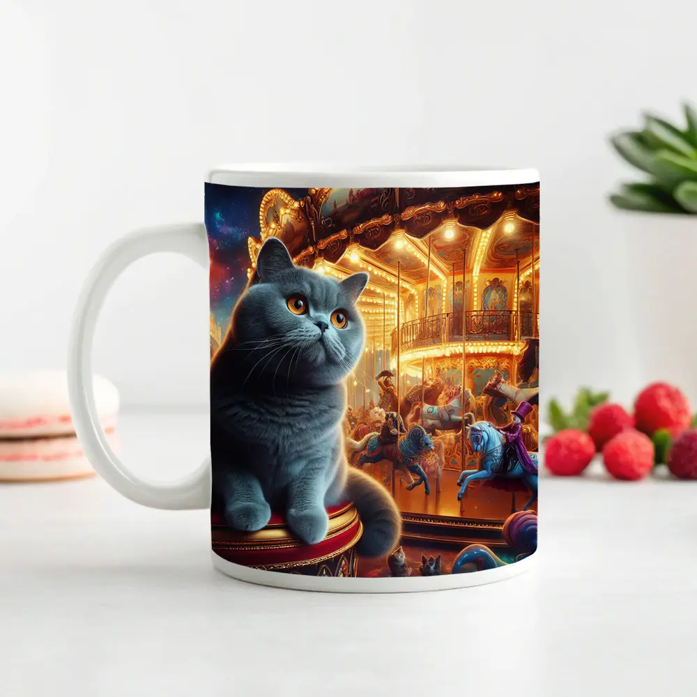 British Shorthair Cat Carousel Fantasy Scene – Mugs