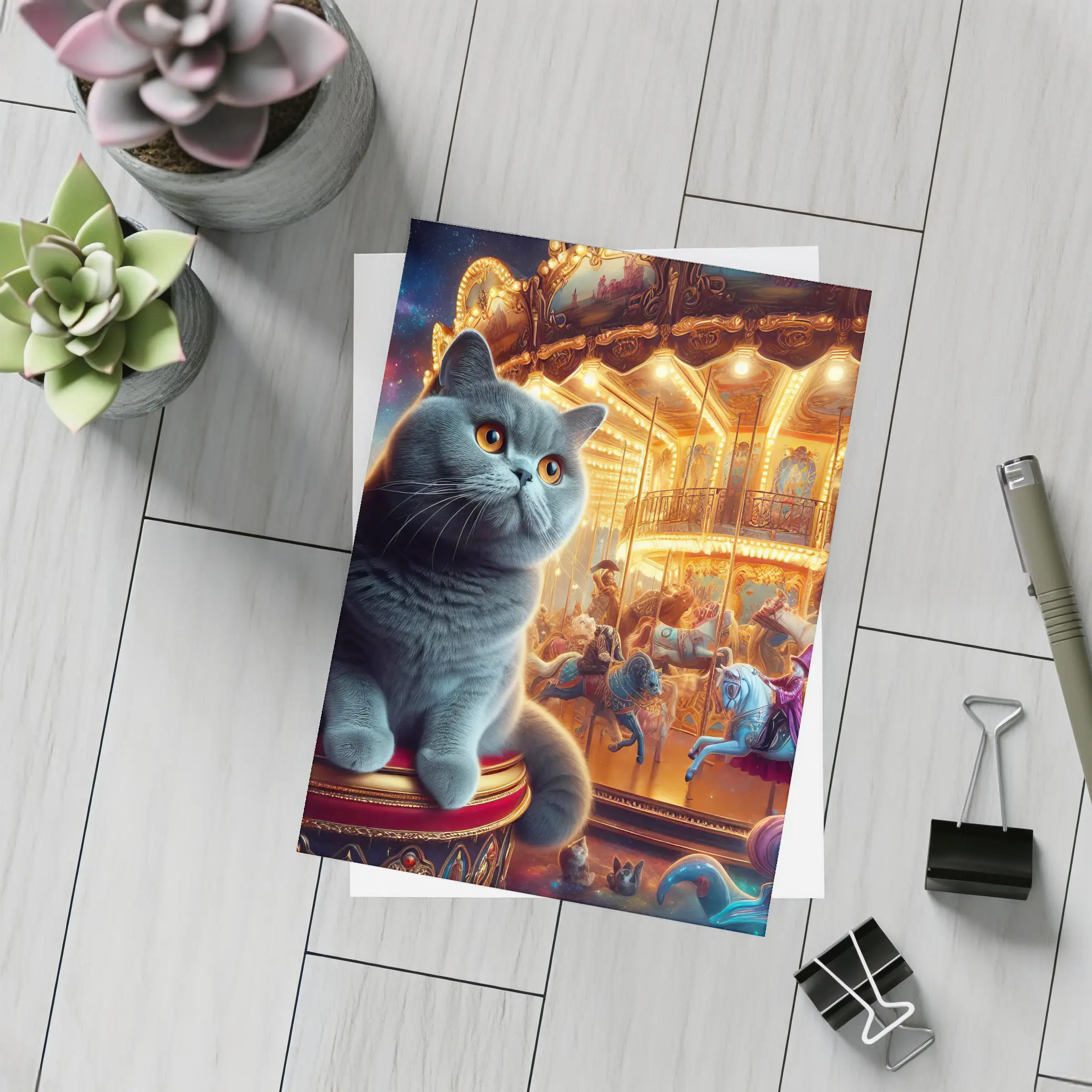 British Shorthair Cat Carousel Fantasy Scene – Postcards