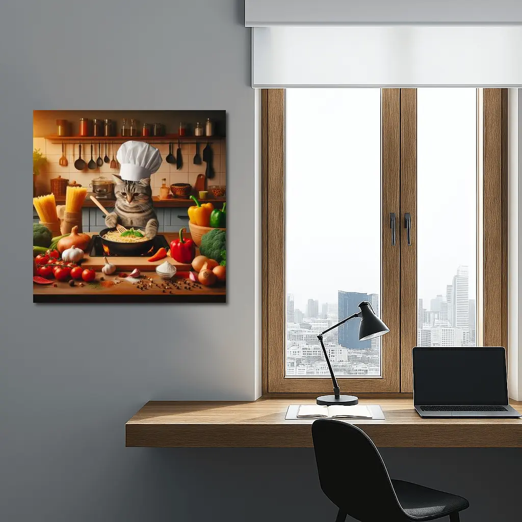 Chef Cat Cooking Pasta in Kitchen – Wall Art