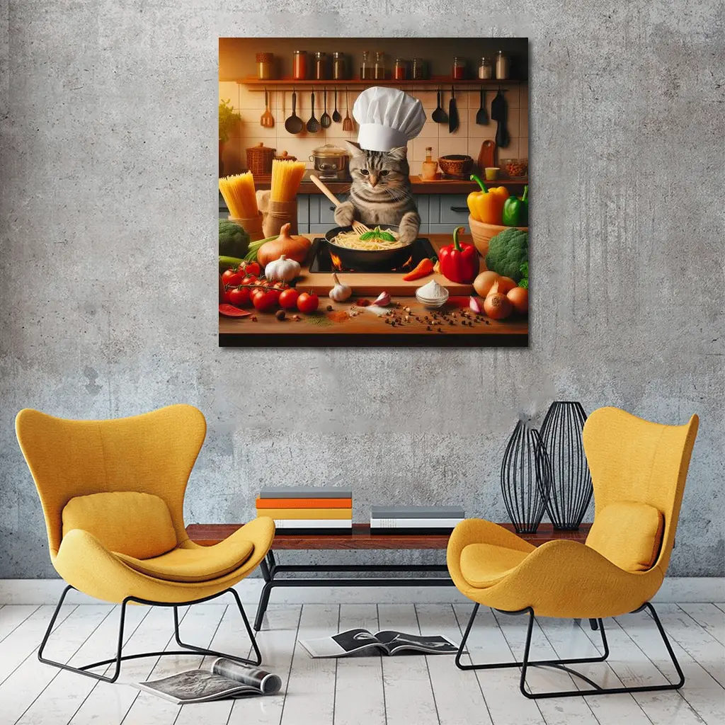 Chef Cat Cooking Pasta in Kitchen – Wall Art
