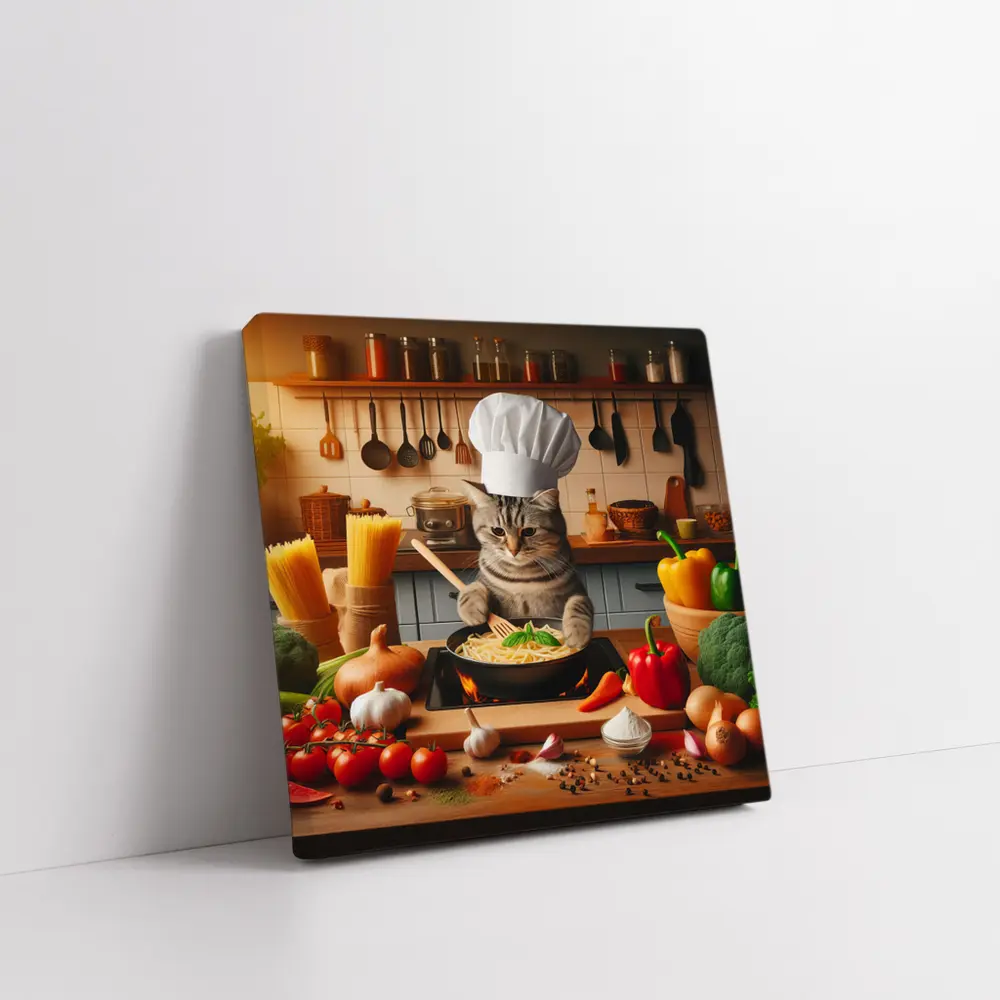 Chef Cat Cooking Pasta in Kitchen – Wall Art