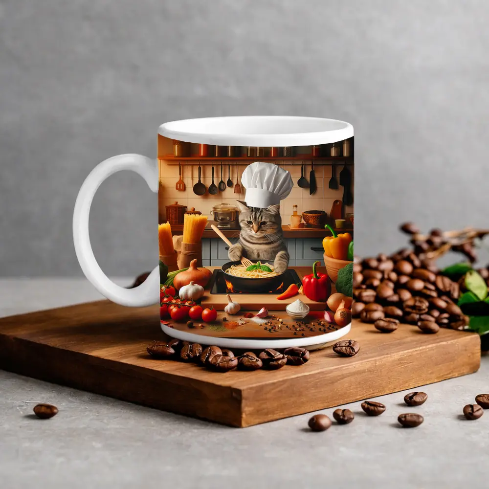 Chef Cat Cooking Pasta in Kitchen – Mugs