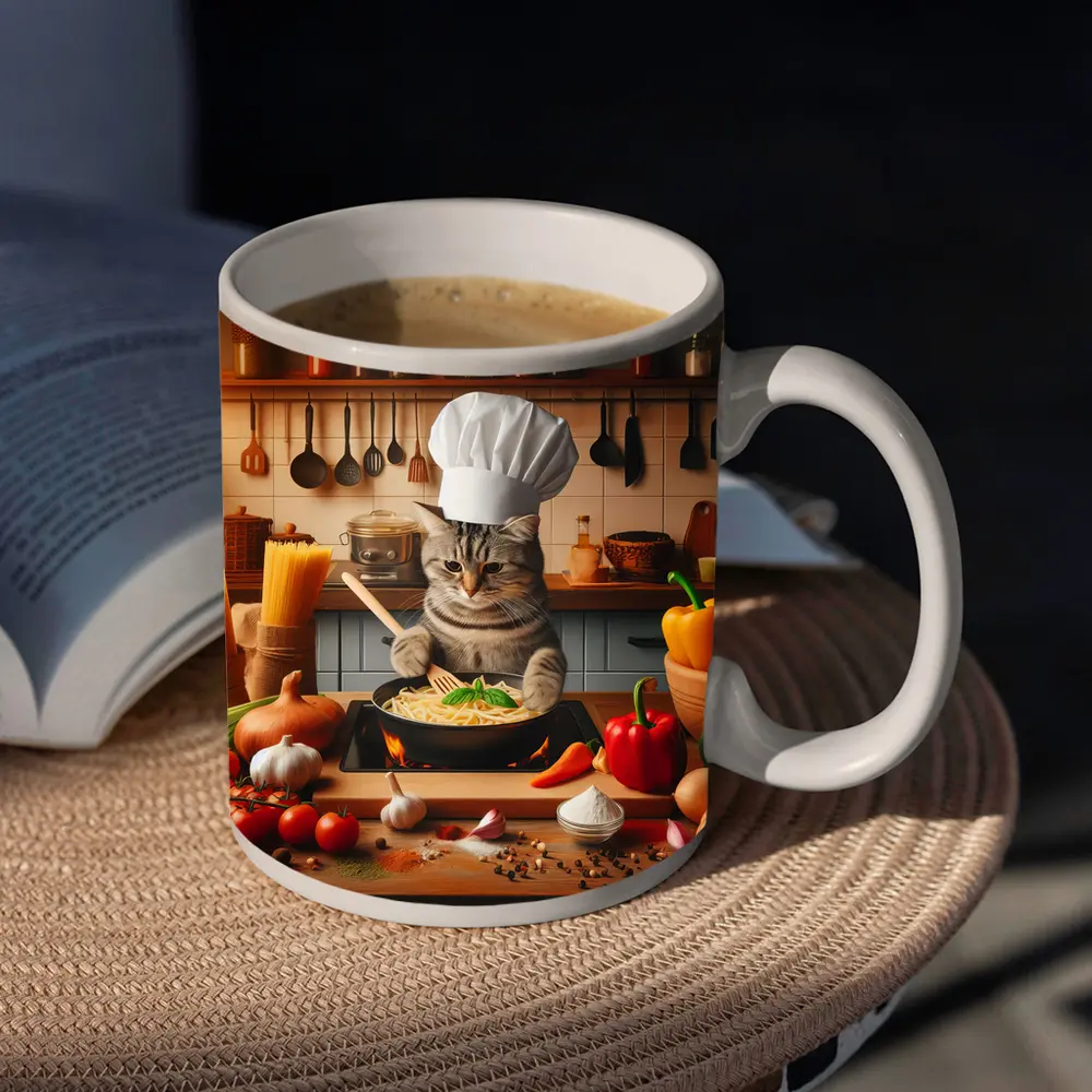 Chef Cat Cooking Pasta in Kitchen – Mugs