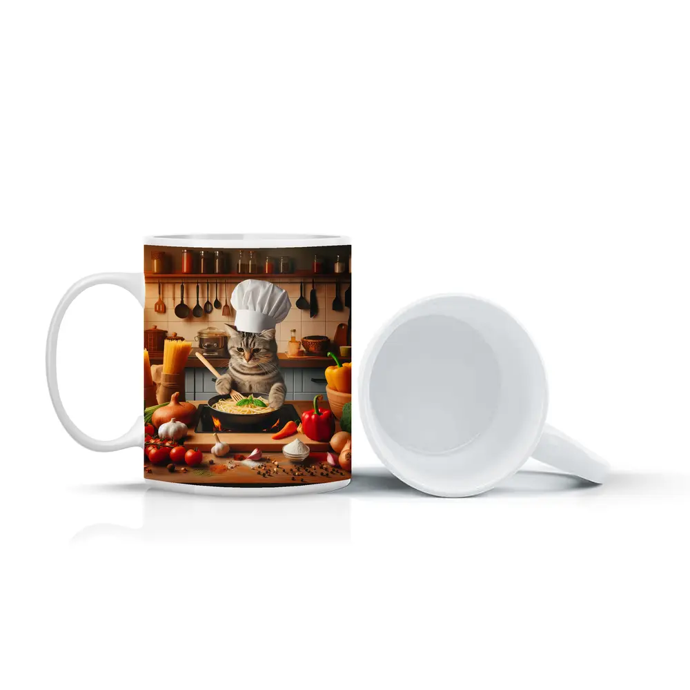 Chef Cat Cooking Pasta in Kitchen – Mugs