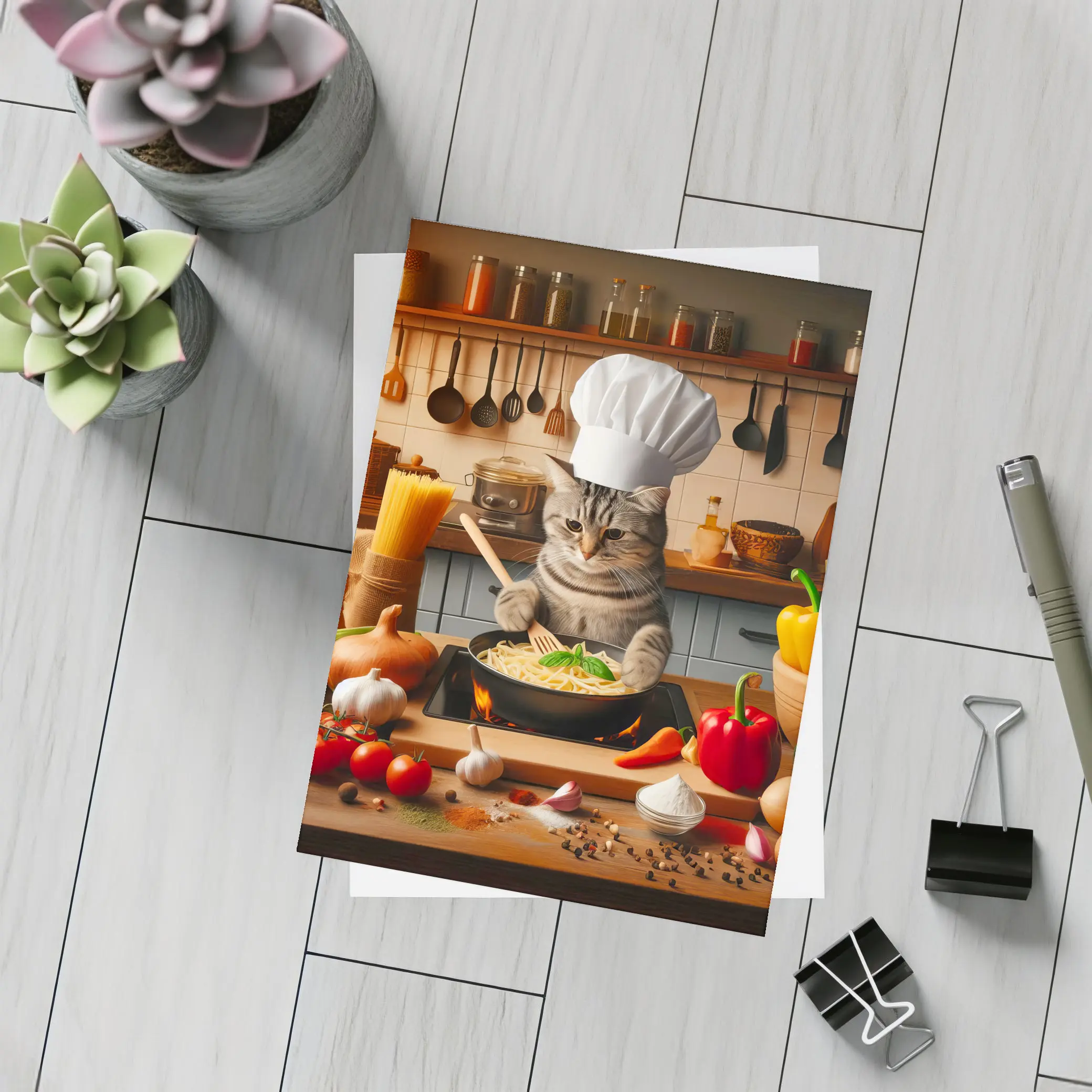 Chef Cat Cooking Pasta in Kitchen – Postcards