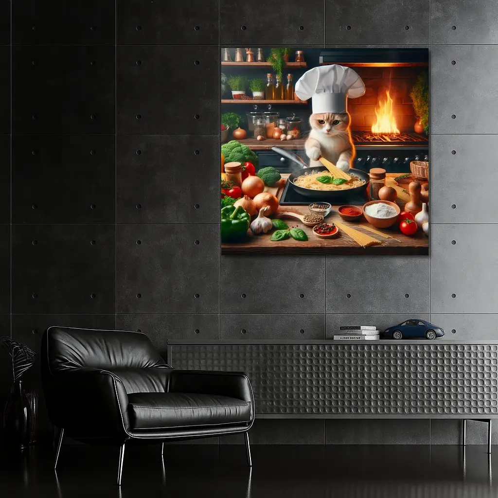 Cat Chef Cooking Pasta In Kitchen – Wall Art