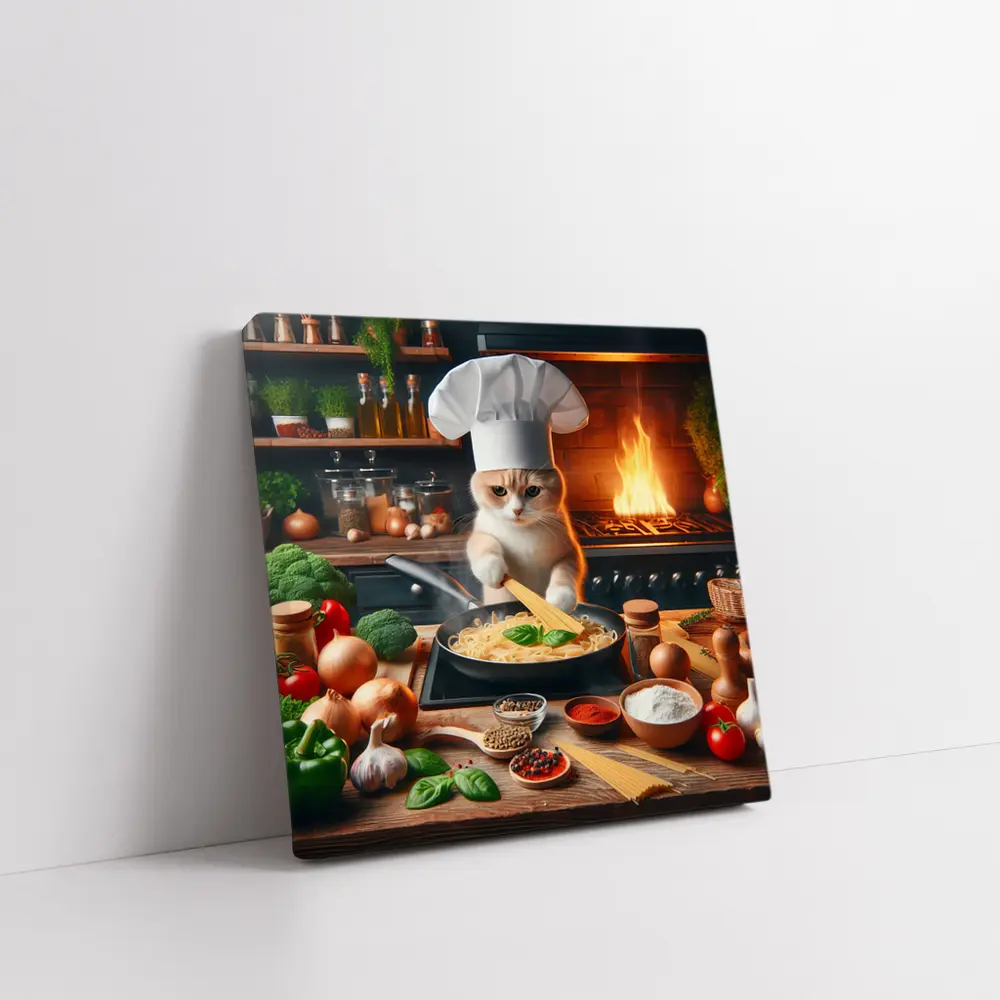 Cat Chef Cooking Pasta In Kitchen – Wall Art