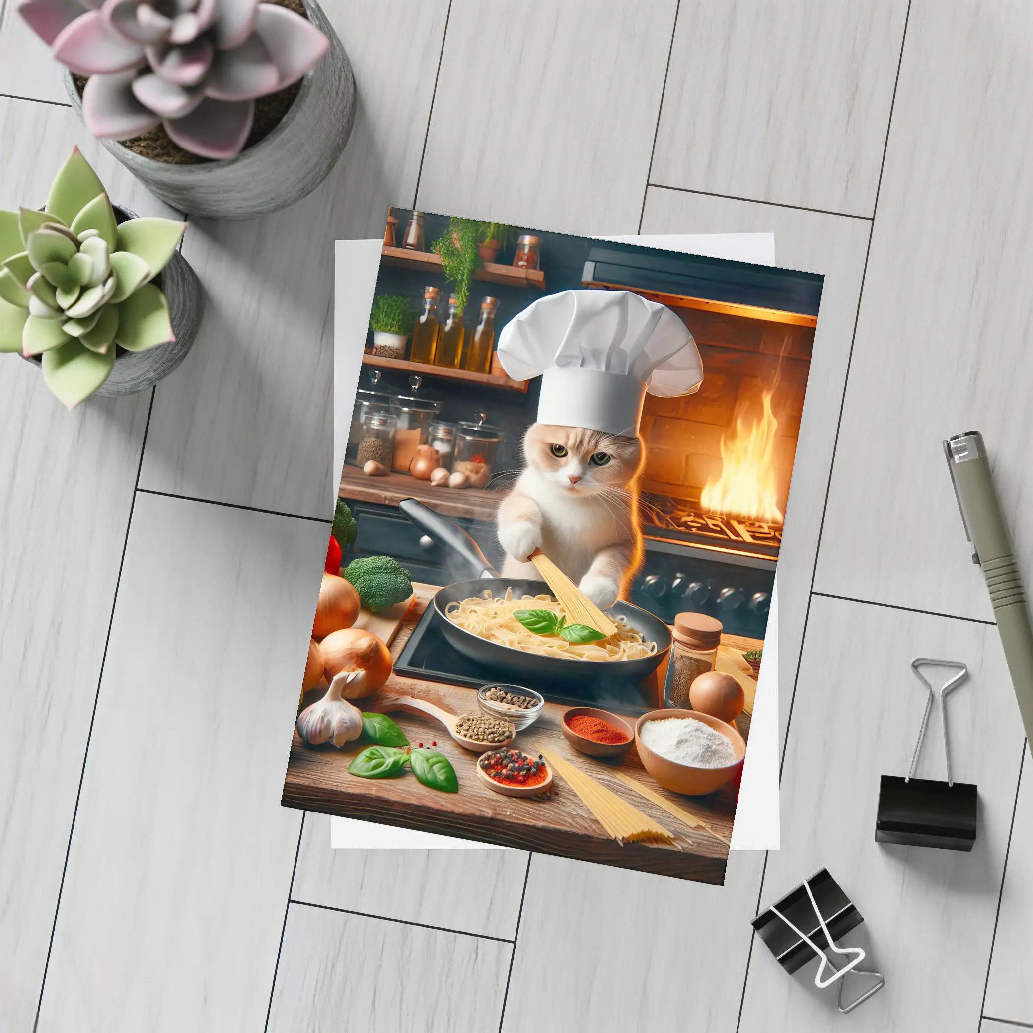 Cat Chef Cooking Pasta In Kitchen – Postcards