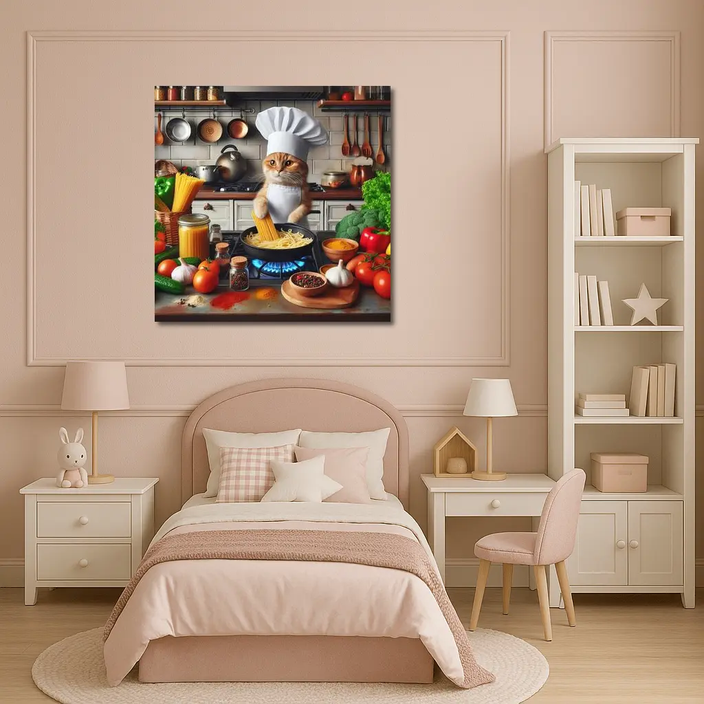 Orange Cat Chef Cooking Pasta Kitchen – Wall Art
