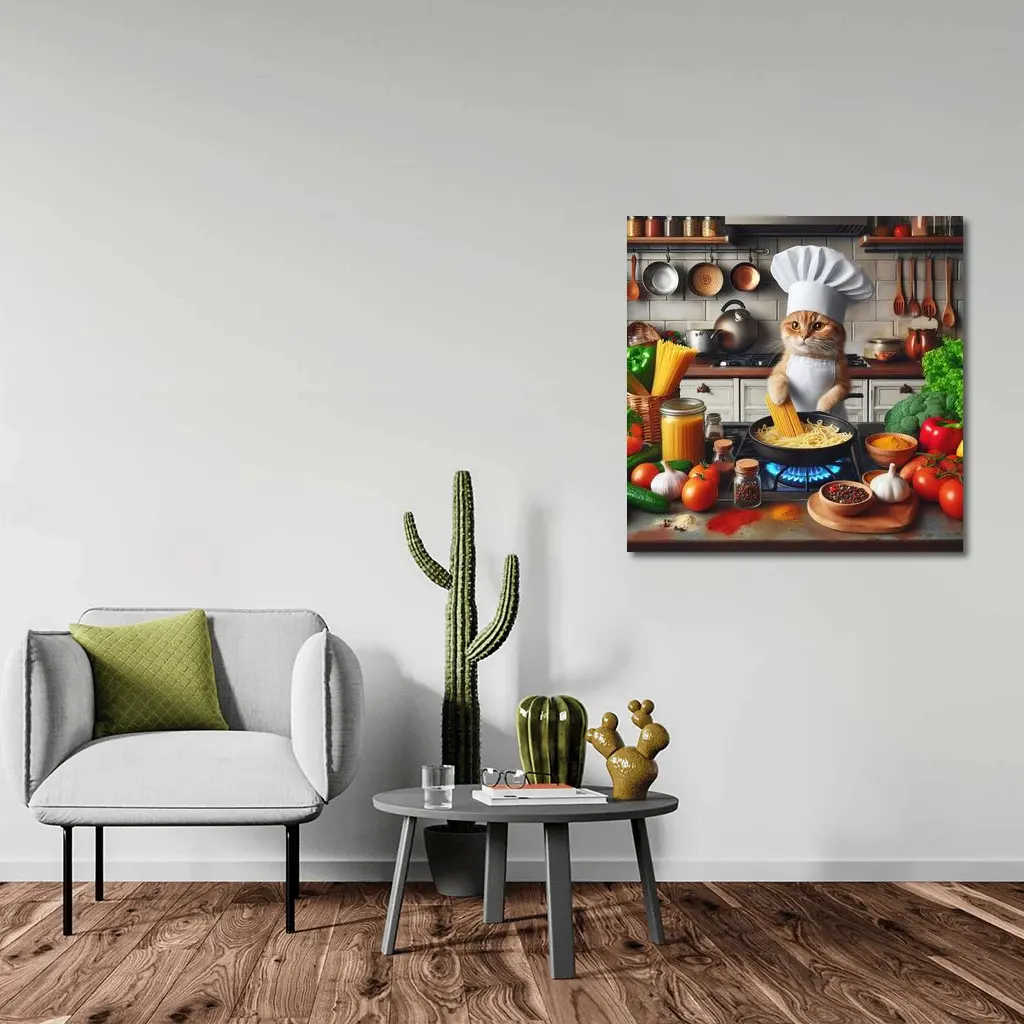 Orange Cat Chef Cooking Pasta Kitchen – Wall Art