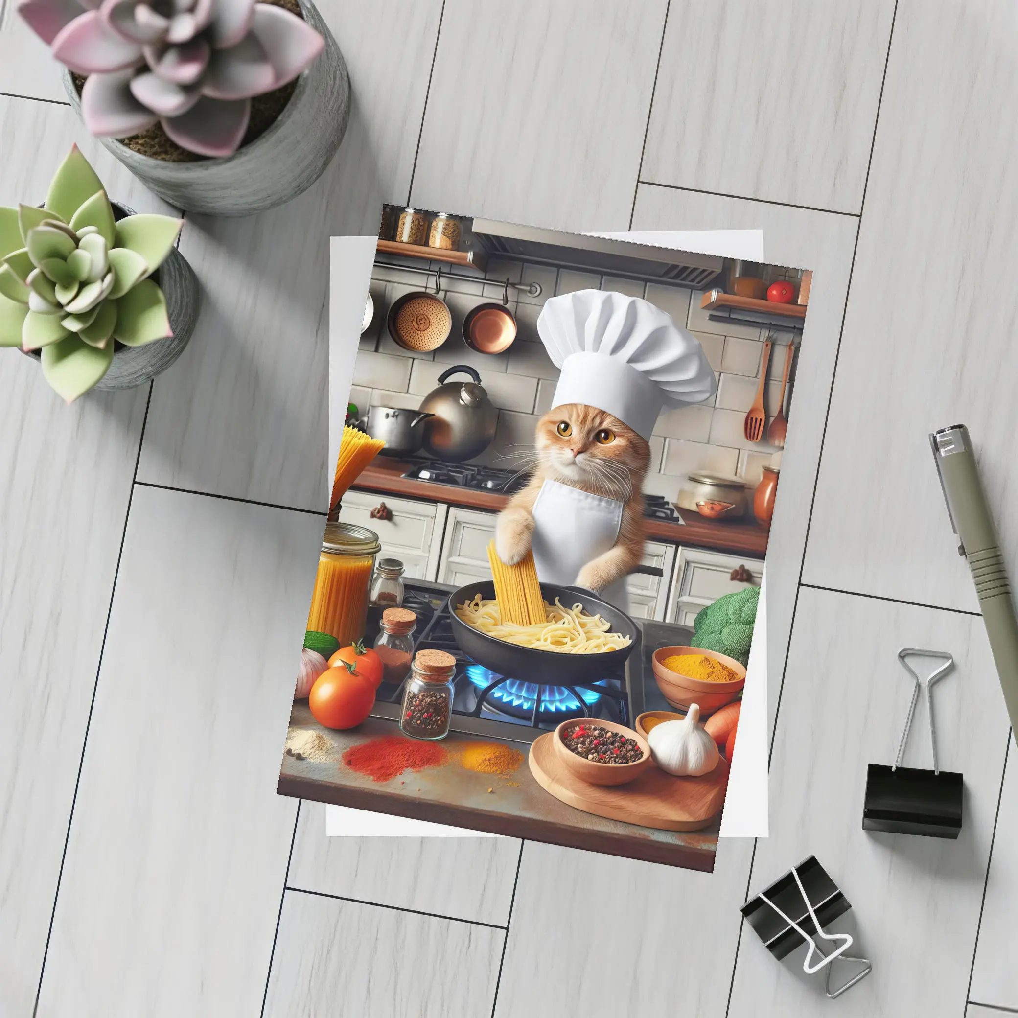 Orange Cat Chef Cooking Pasta Kitchen – Postcards