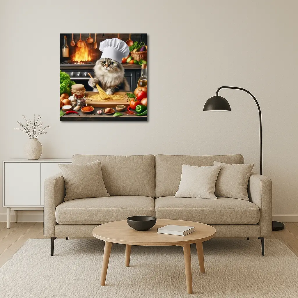 Chef Cat Cooking Pasta Kitchen Scene – Wall Art