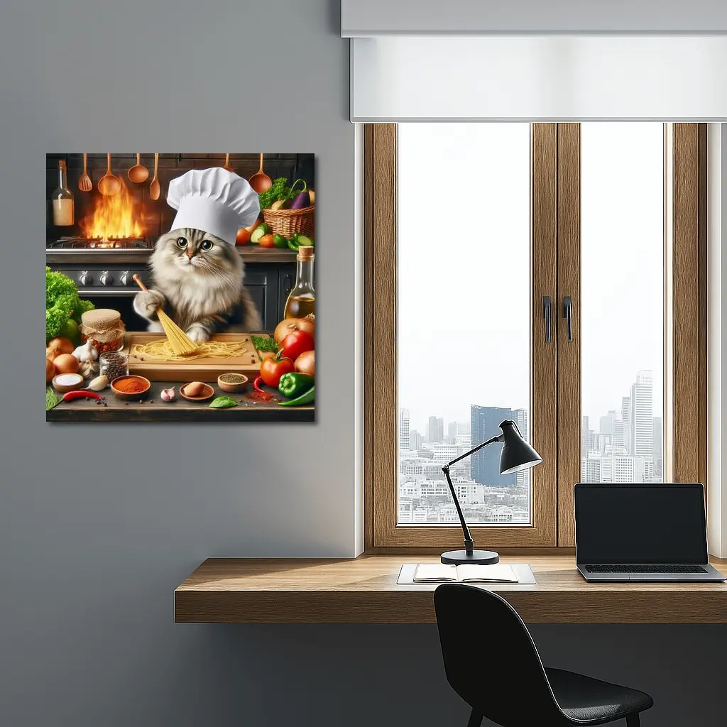 Chef Cat Cooking Pasta Kitchen Scene – Wall Art