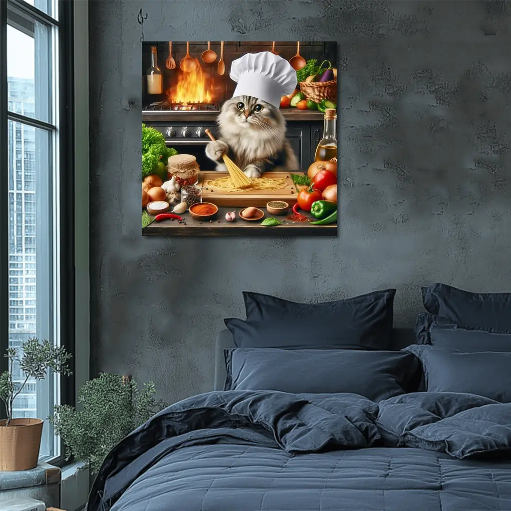 Chef Cat Cooking Pasta Kitchen Scene – Wall Art
