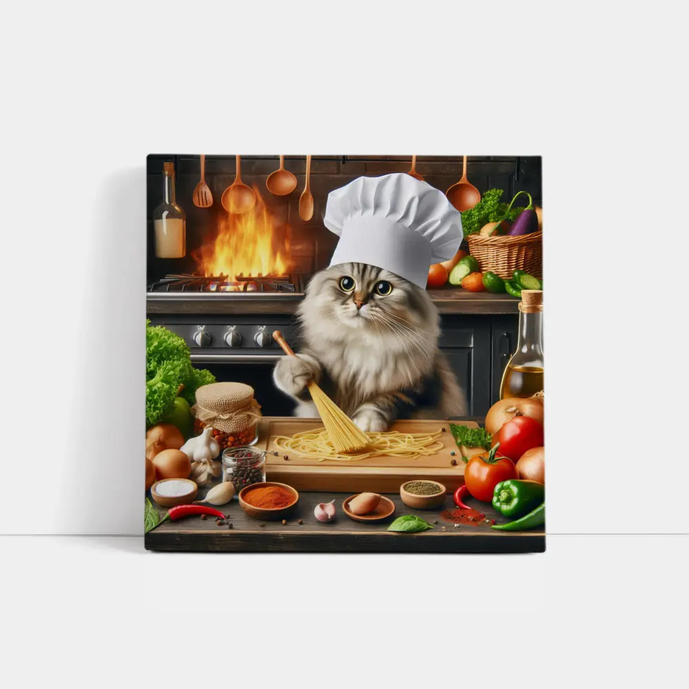 Chef Cat Cooking Pasta Kitchen Scene – Wall Art