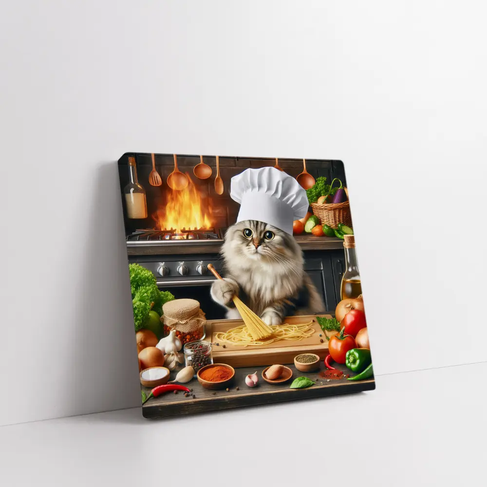 Chef Cat Cooking Pasta Kitchen Scene – Wall Art