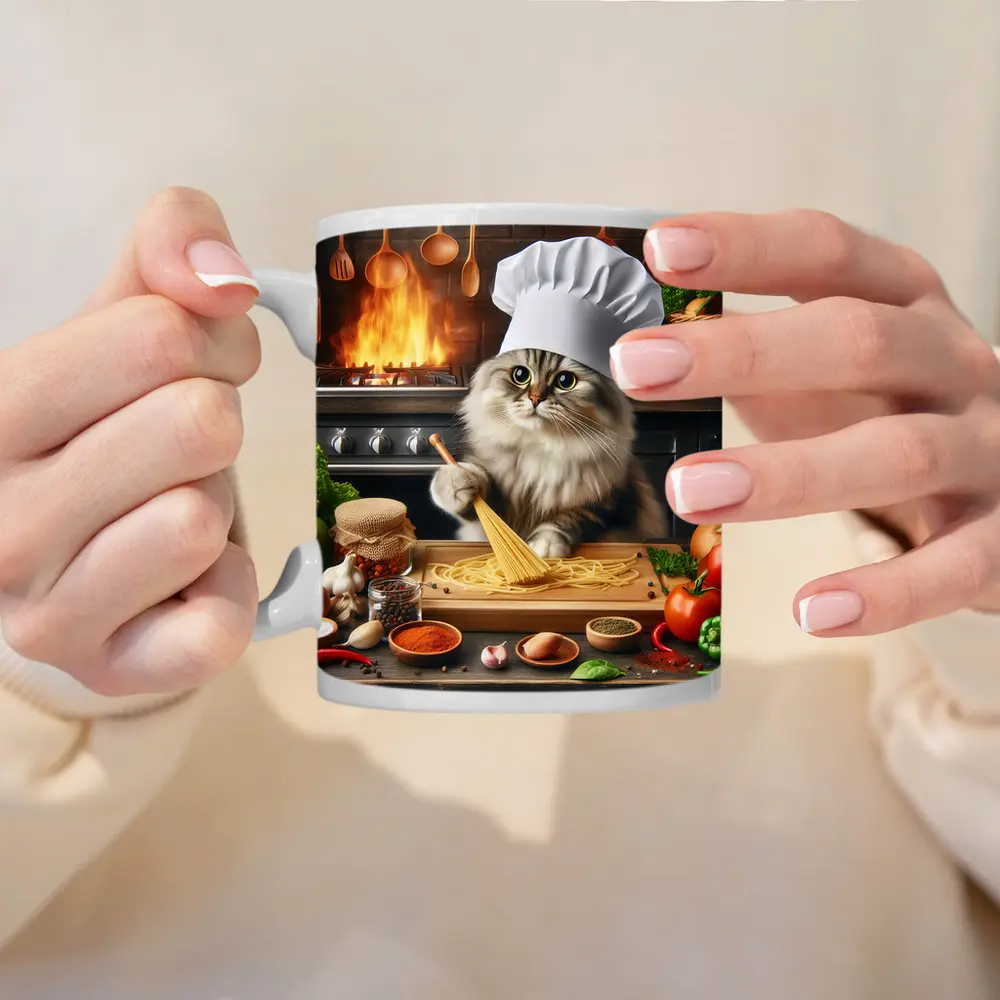 Chef Cat Cooking Pasta Kitchen Scene – Mugs
