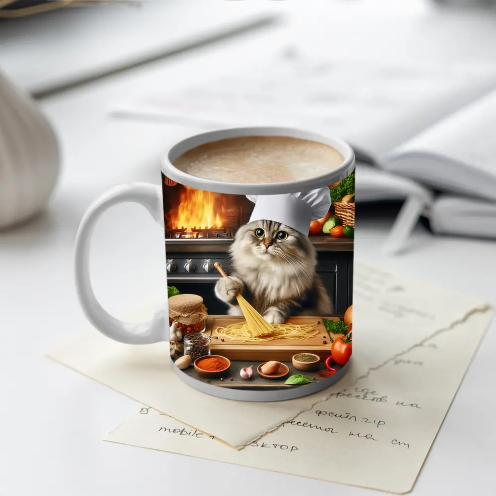 Chef Cat Cooking Pasta Kitchen Scene – Mugs
